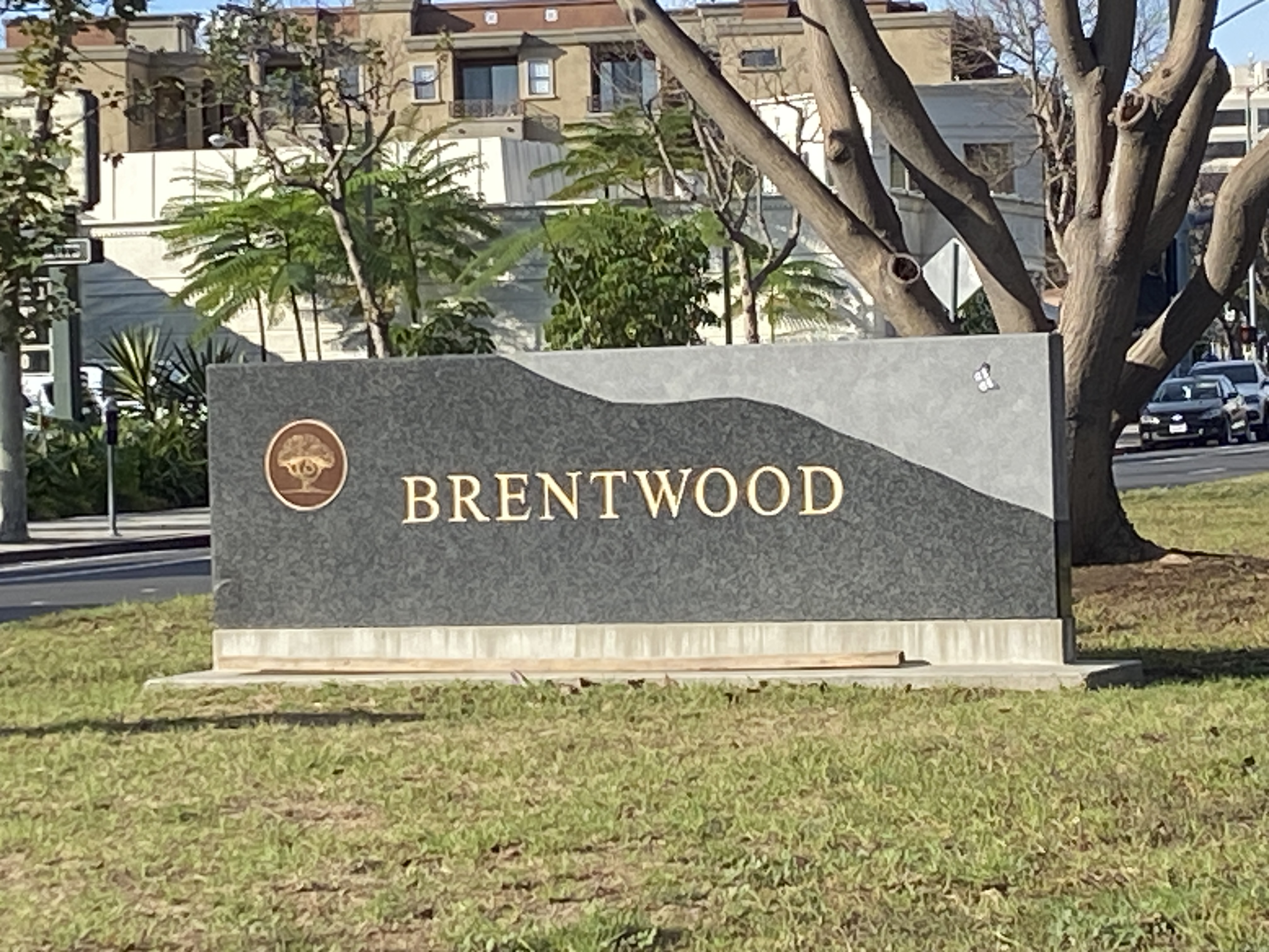 Stone monument sign reading 'Brentwood' on a landscaped median along a wide boulevard.