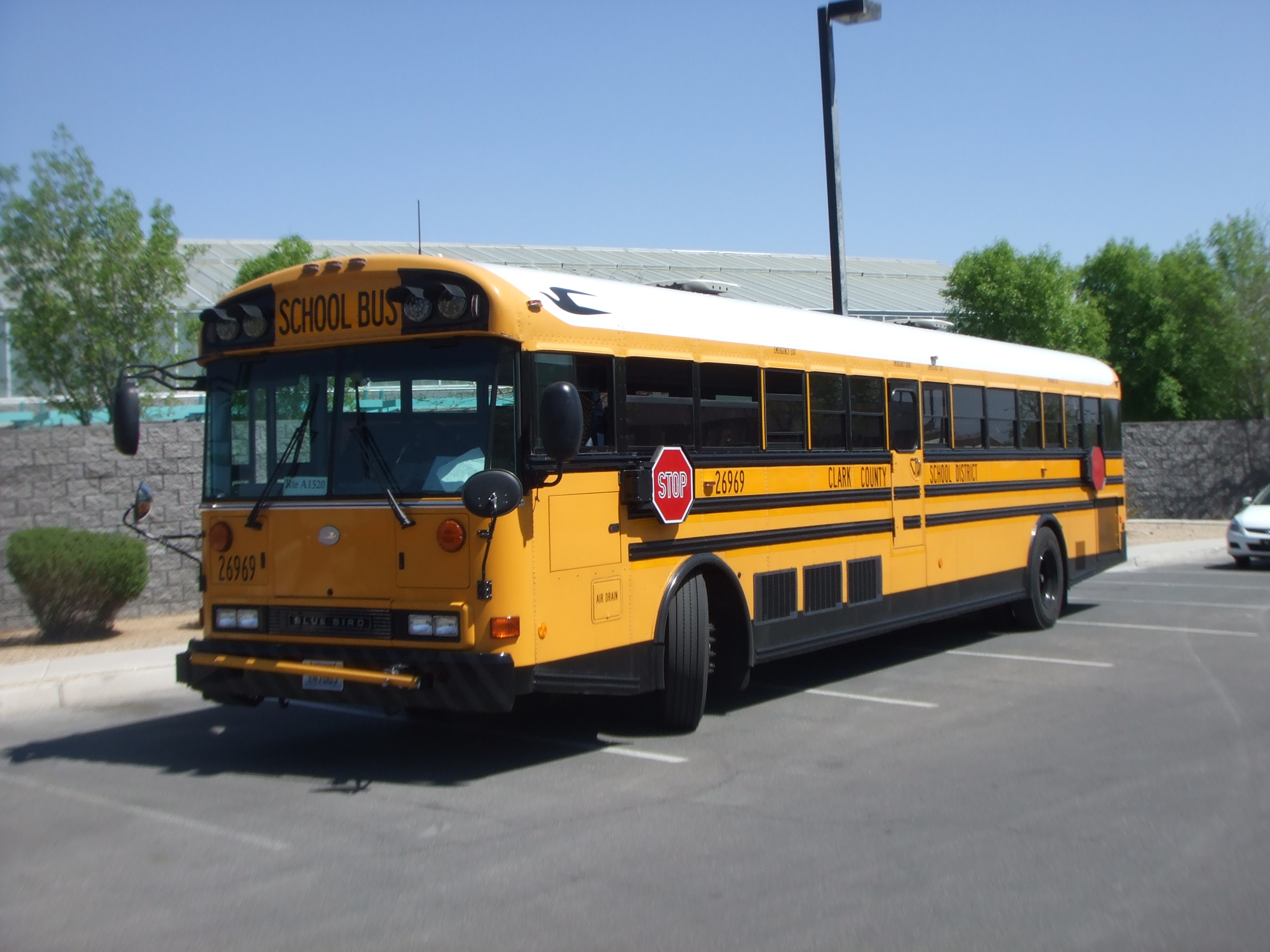 A yellow school bus parked in a lot with a stop-sign arm visible on its side.