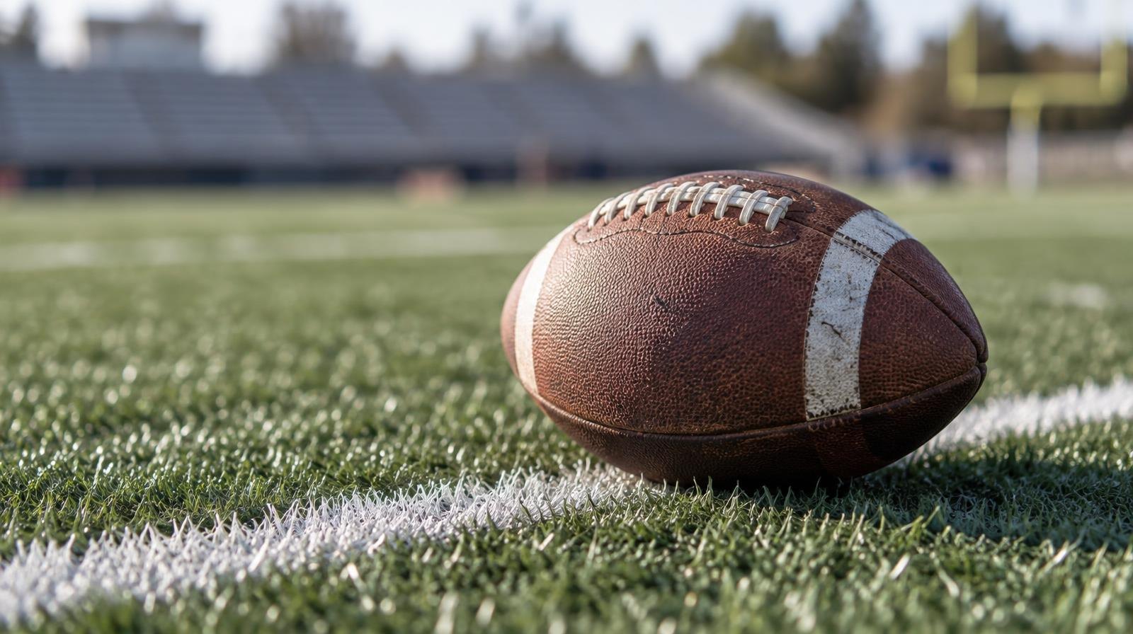 An American football sitting on green artificial turf beside a white yard line.