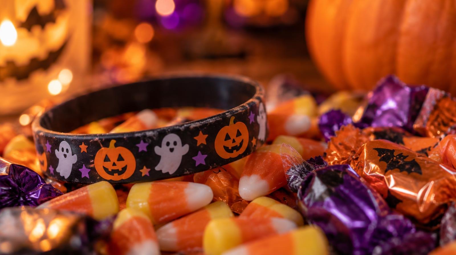 A colorful wristband bracelet resting on Halloween candy corn and wrapped sweets.