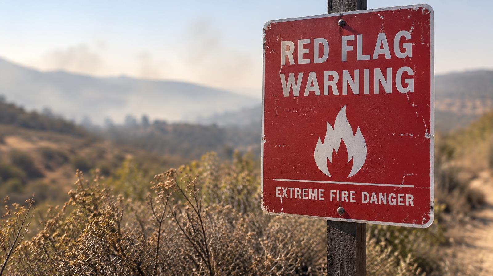 A red flag warning sign posted near dry brush and chaparral vegetation.