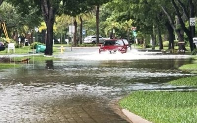 A red SUV drives through a flooded residential street lined with trees and standing water.