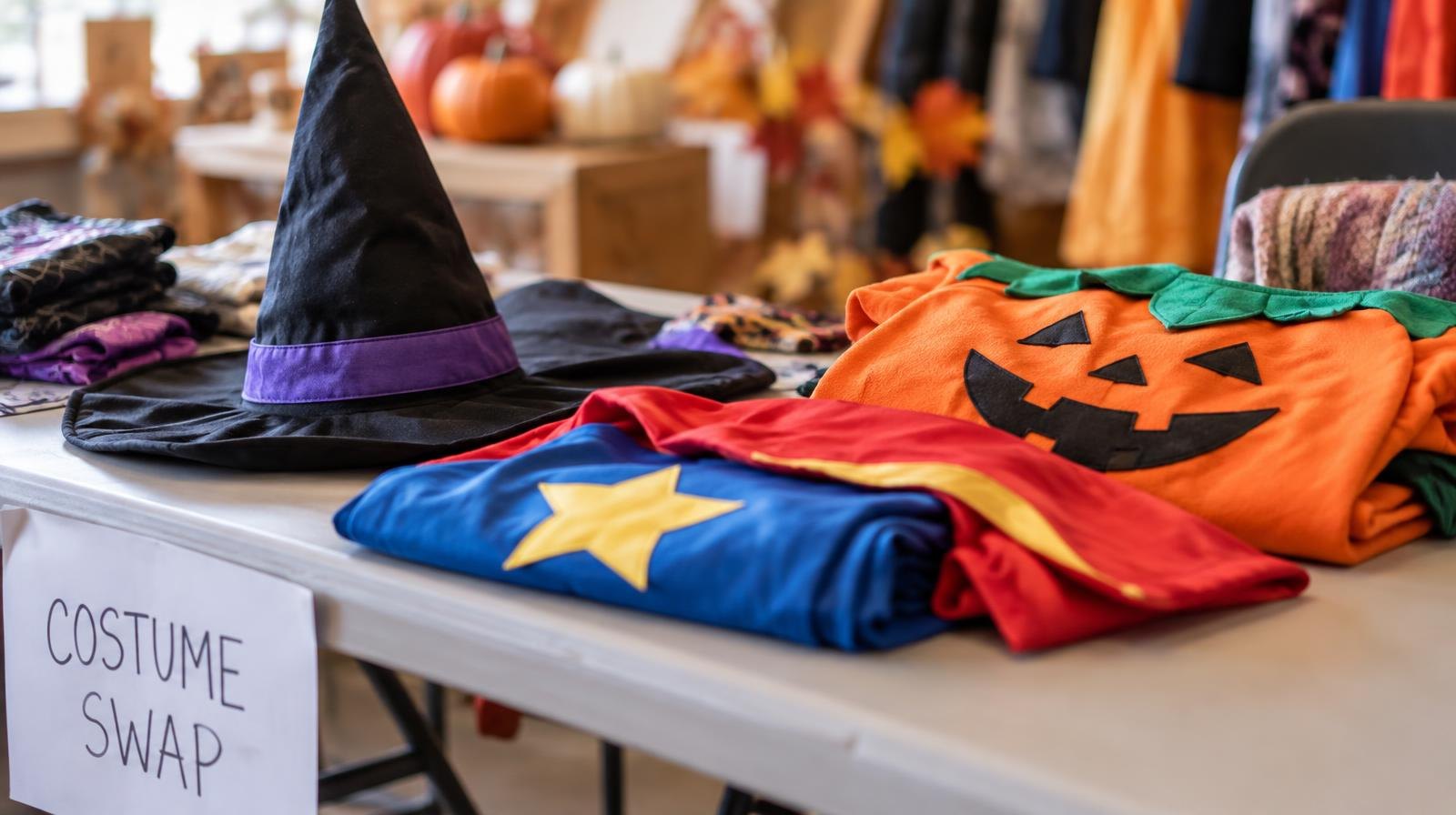 Colorful Halloween costumes including a witch hat and cape arranged on a table.