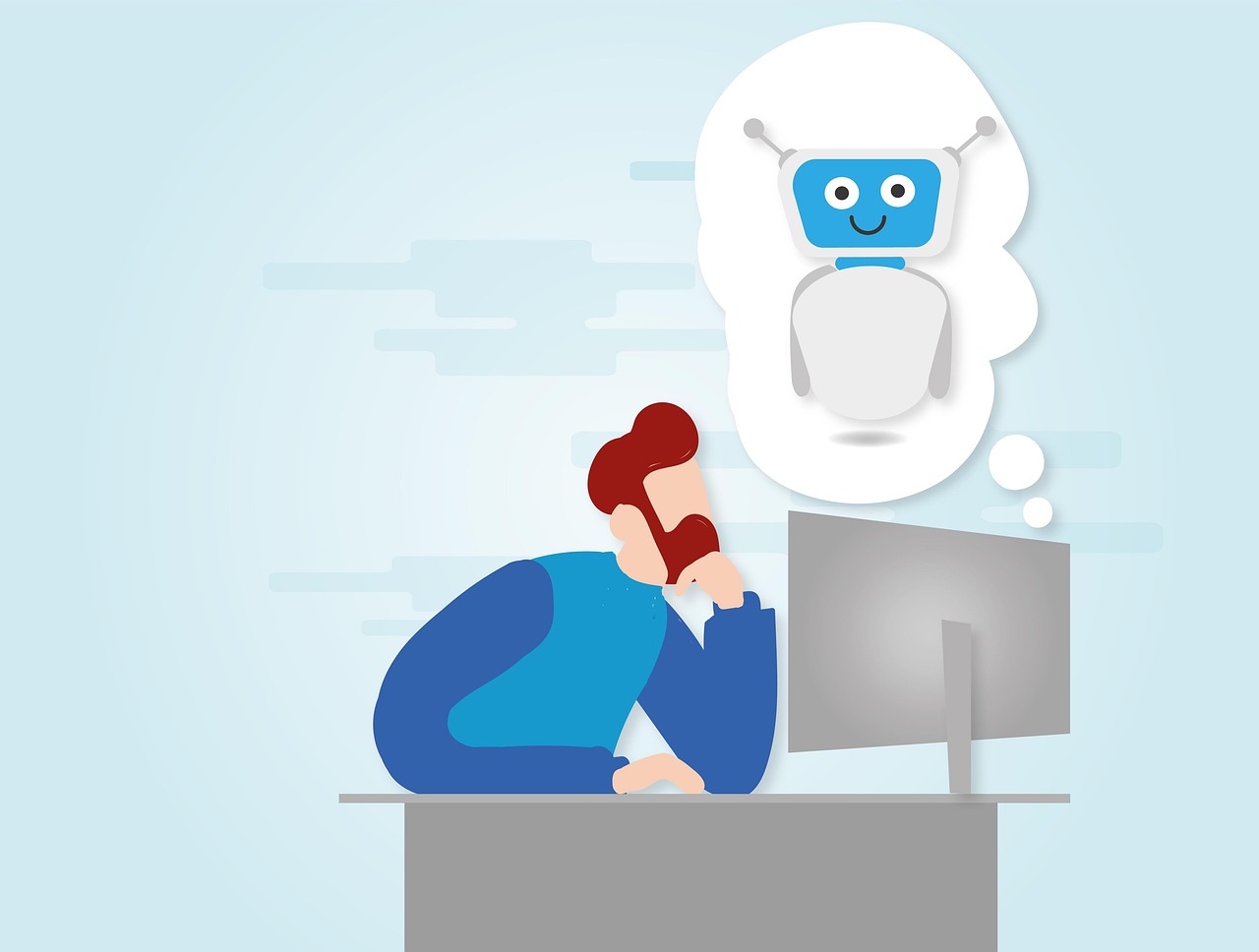Man, computer, think, digital, chat, communication, internet, office, workplace, desk, work, technology, video conferenc