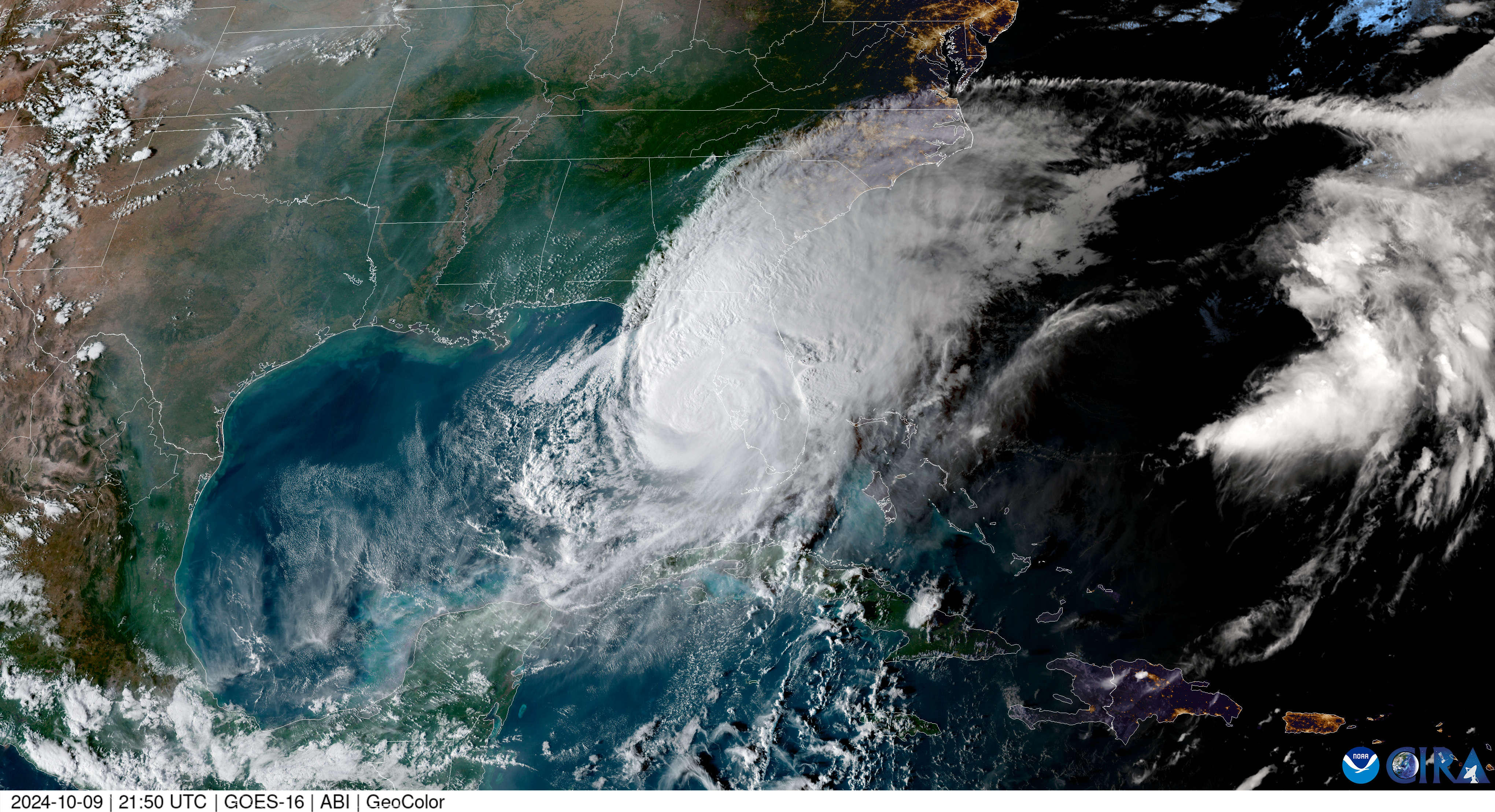 Satellite view of Hurricane Milton's eye and spiral bands over the Gulf of Mexico near Florida.