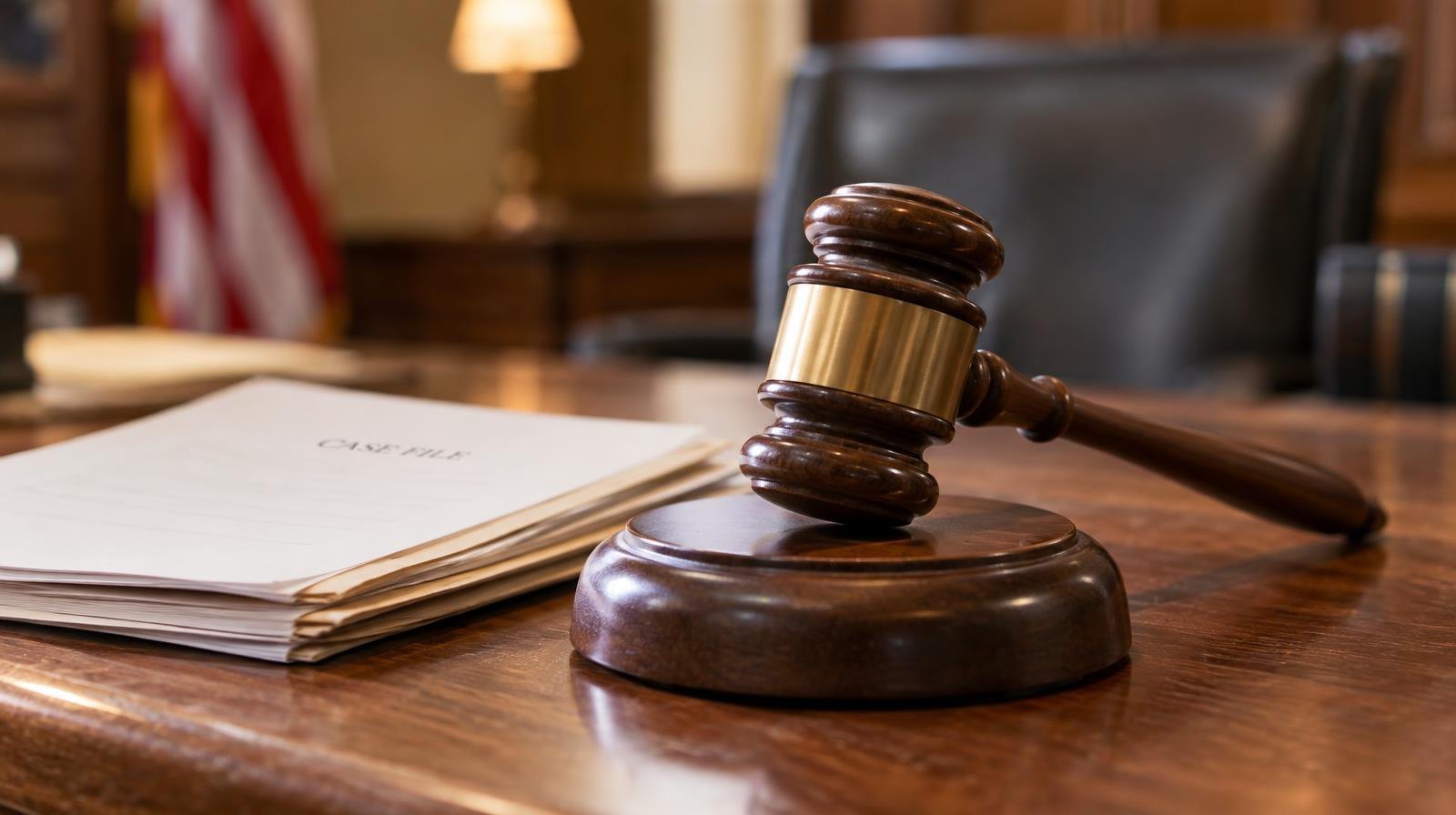 A wooden gavel resting on its sound block on a polished table.
