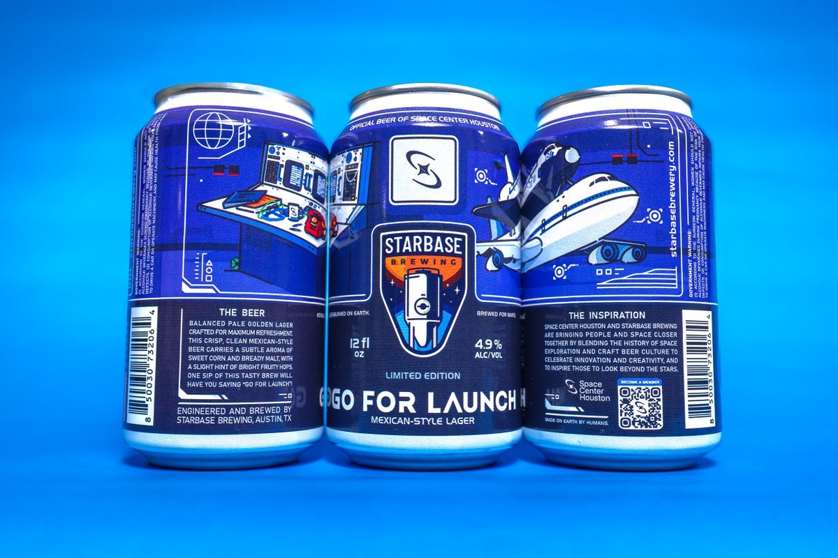 Three blue cans of Go For Launch Mexican-style lager on a blue background.