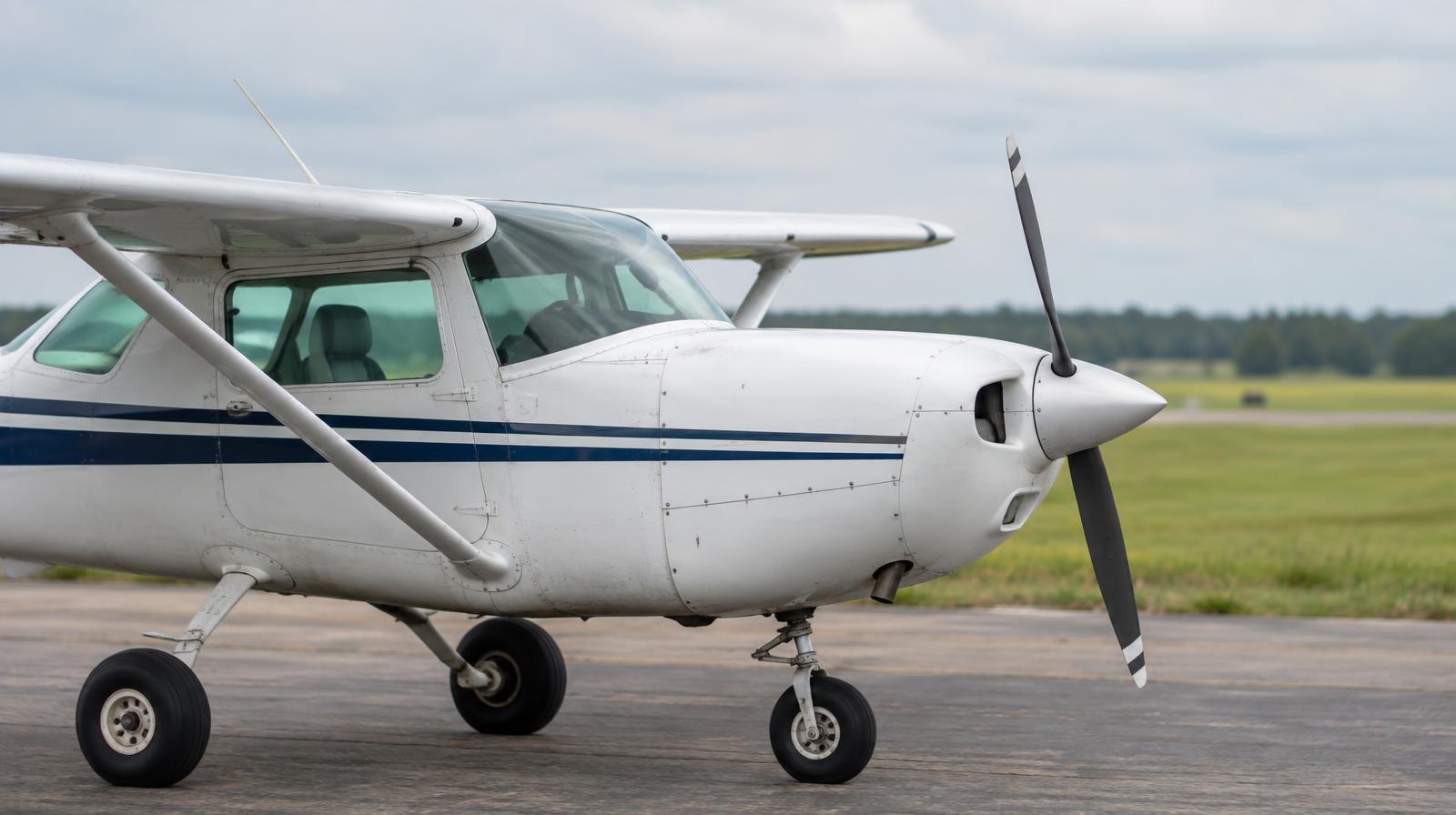 Small single-engine propeller plane parked on a paved runway with a grassy field behind it.
