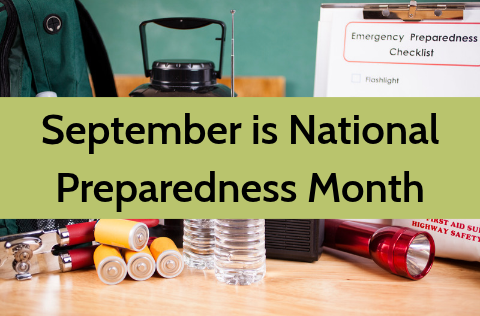 Promotional graphic showing emergency preparedness supplies including a flashlight, lantern, water bottles, and first aid kit.