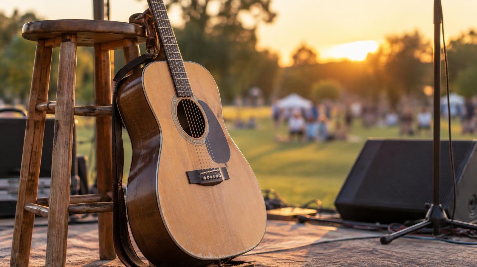 An acoustic guitar leaning against a wooden stool on an outdoor stage at dusk