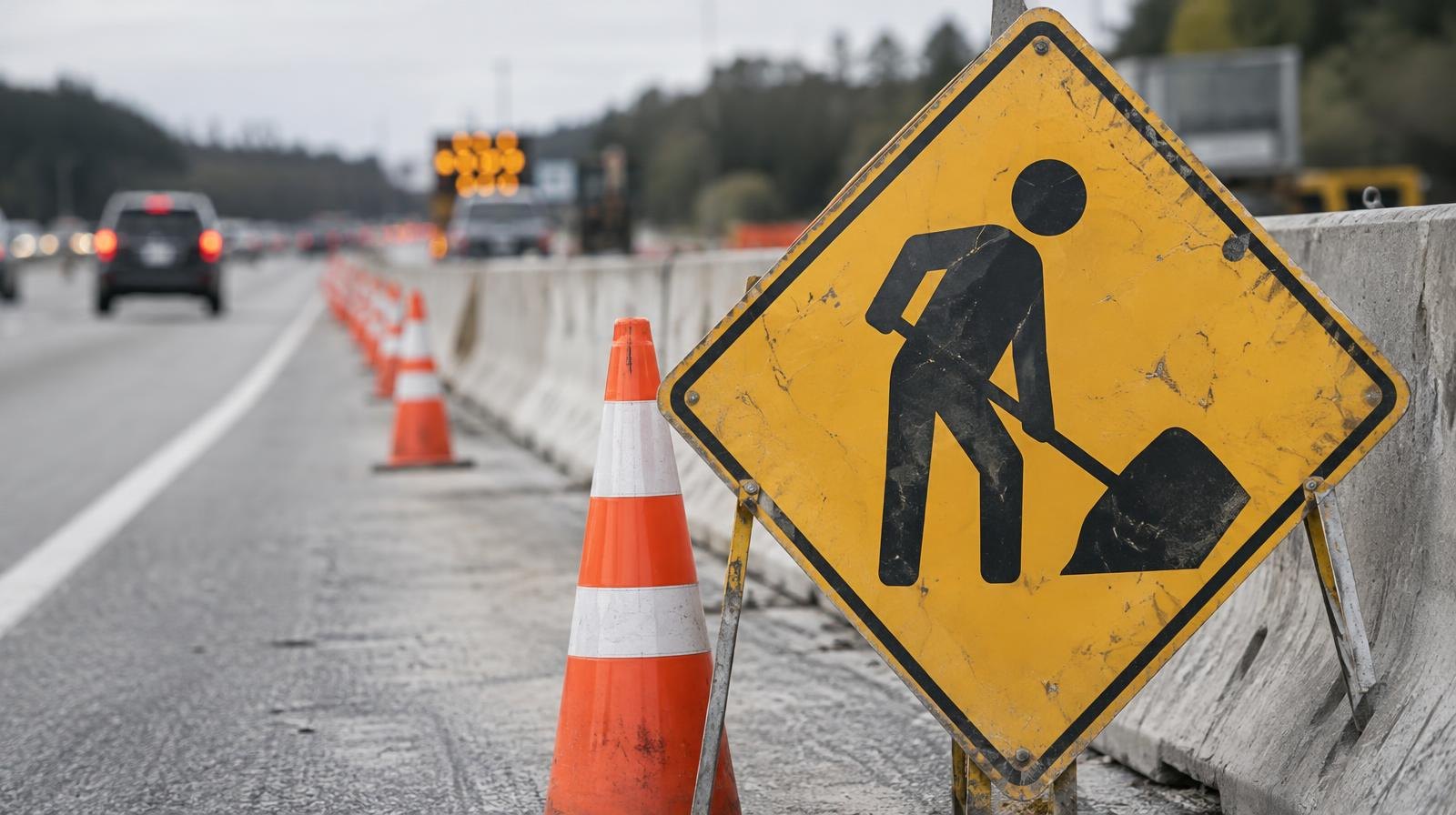 Orange traffic cones and a concrete jersey barrier line a closed highway lane with a yellow warning sign.