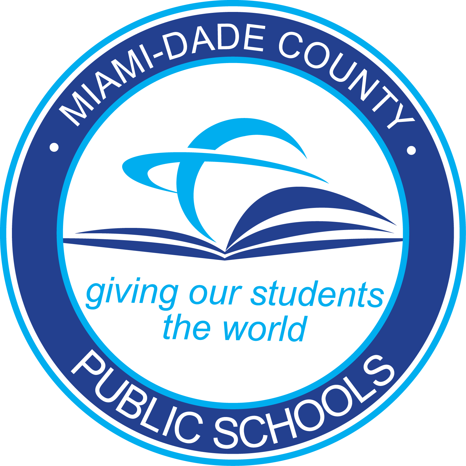 Circular seal of Miami-Dade County Public Schools with an open book and tagline.