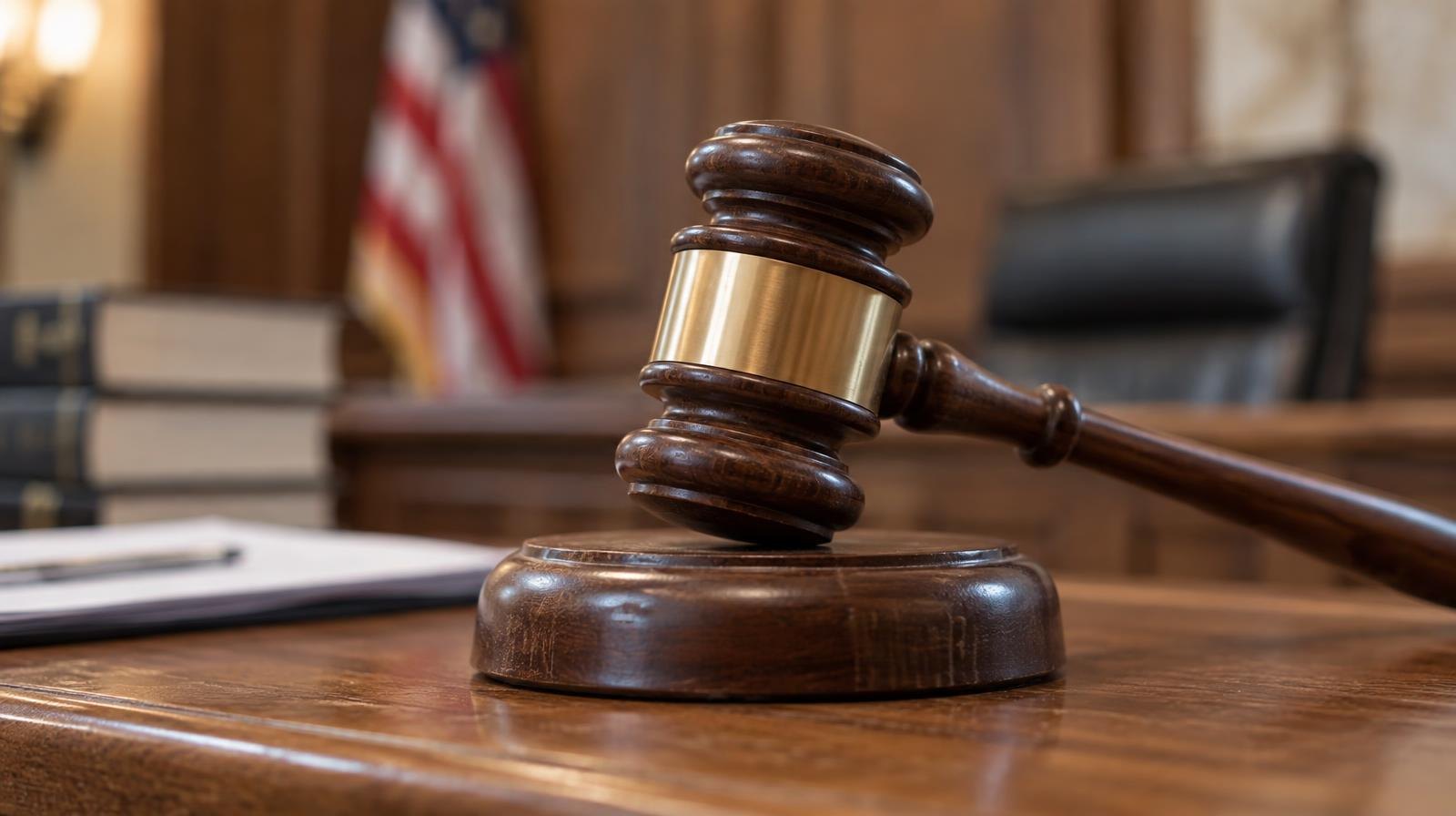 A wooden gavel resting on its sound block on a courtroom bench.