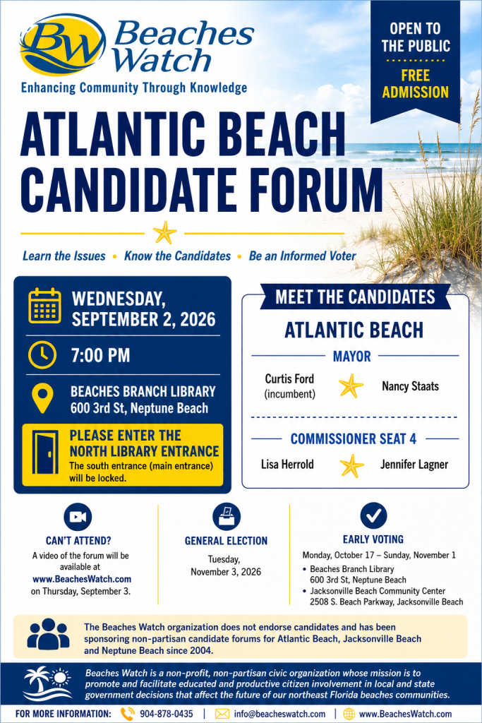 Event flyer listing candidates, date, time, and location for a candidate forum.