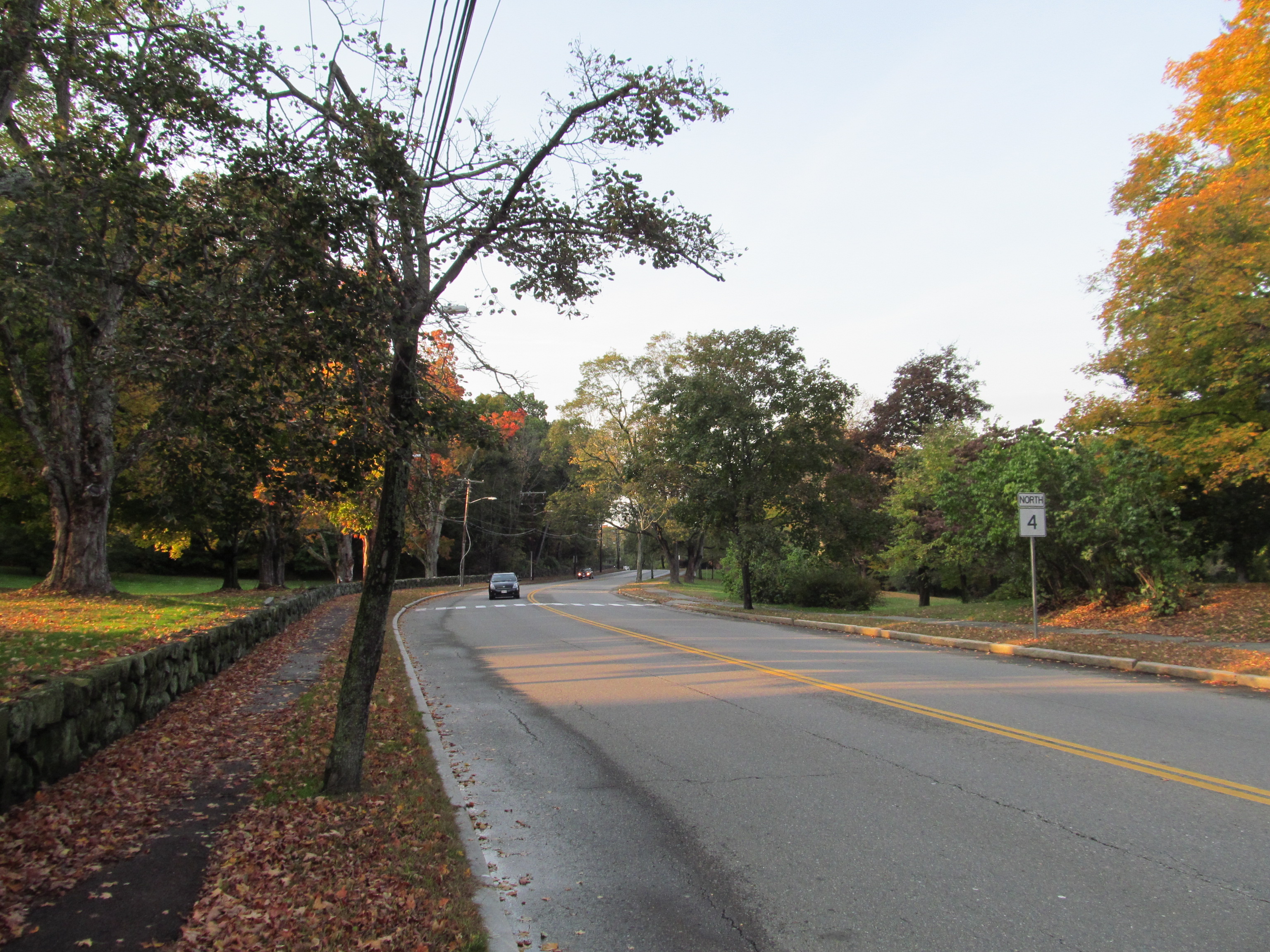 A two-lane road flanked by autumn trees and utility poles in Lexington, Massachusetts.