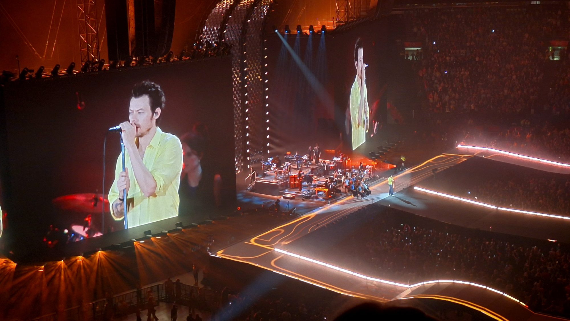 Harry Styles on stage during the Together, Together tour in Amsterdam.