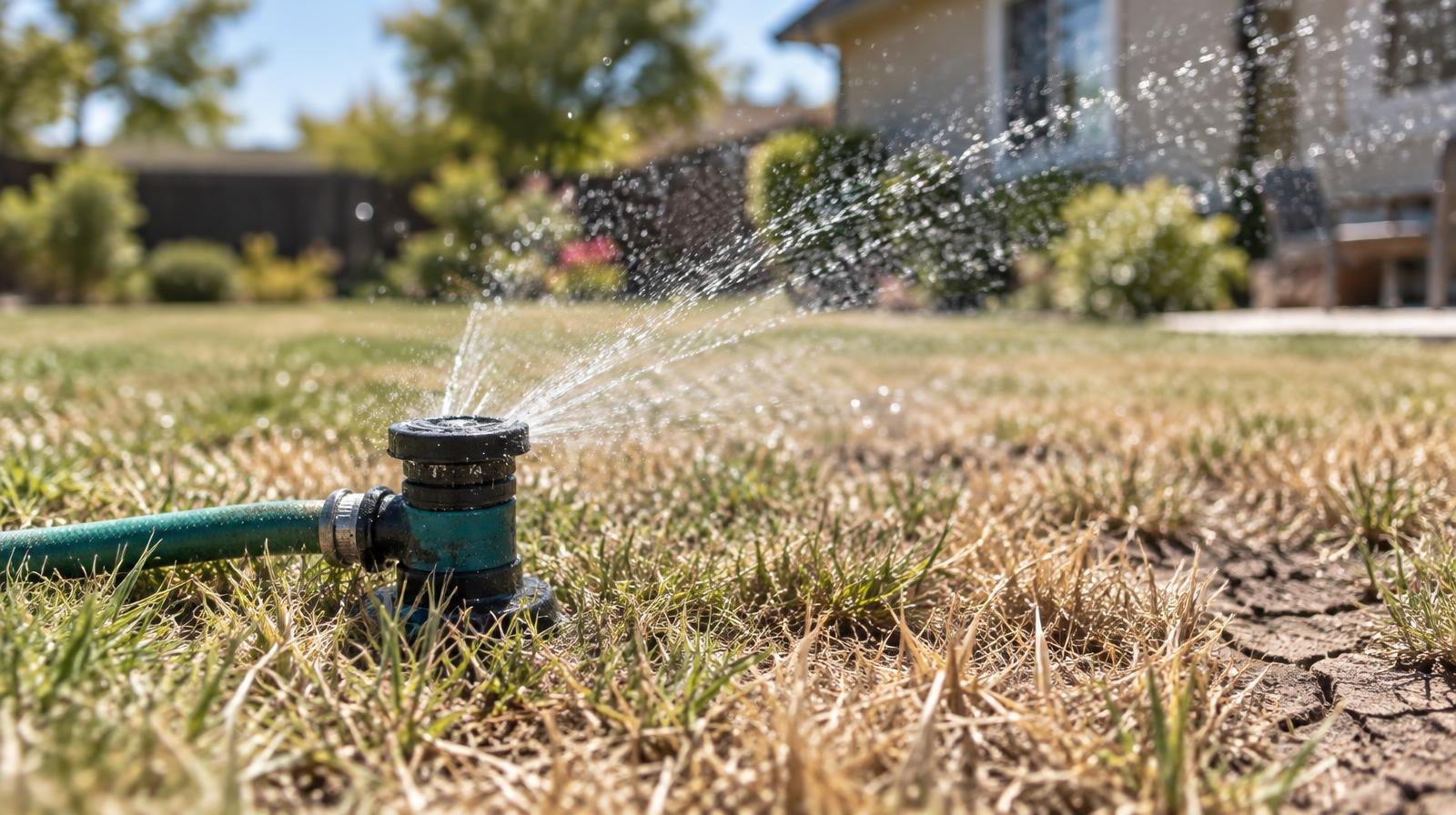 Sprinkler head spraying water over dry, brown, cracked grass.