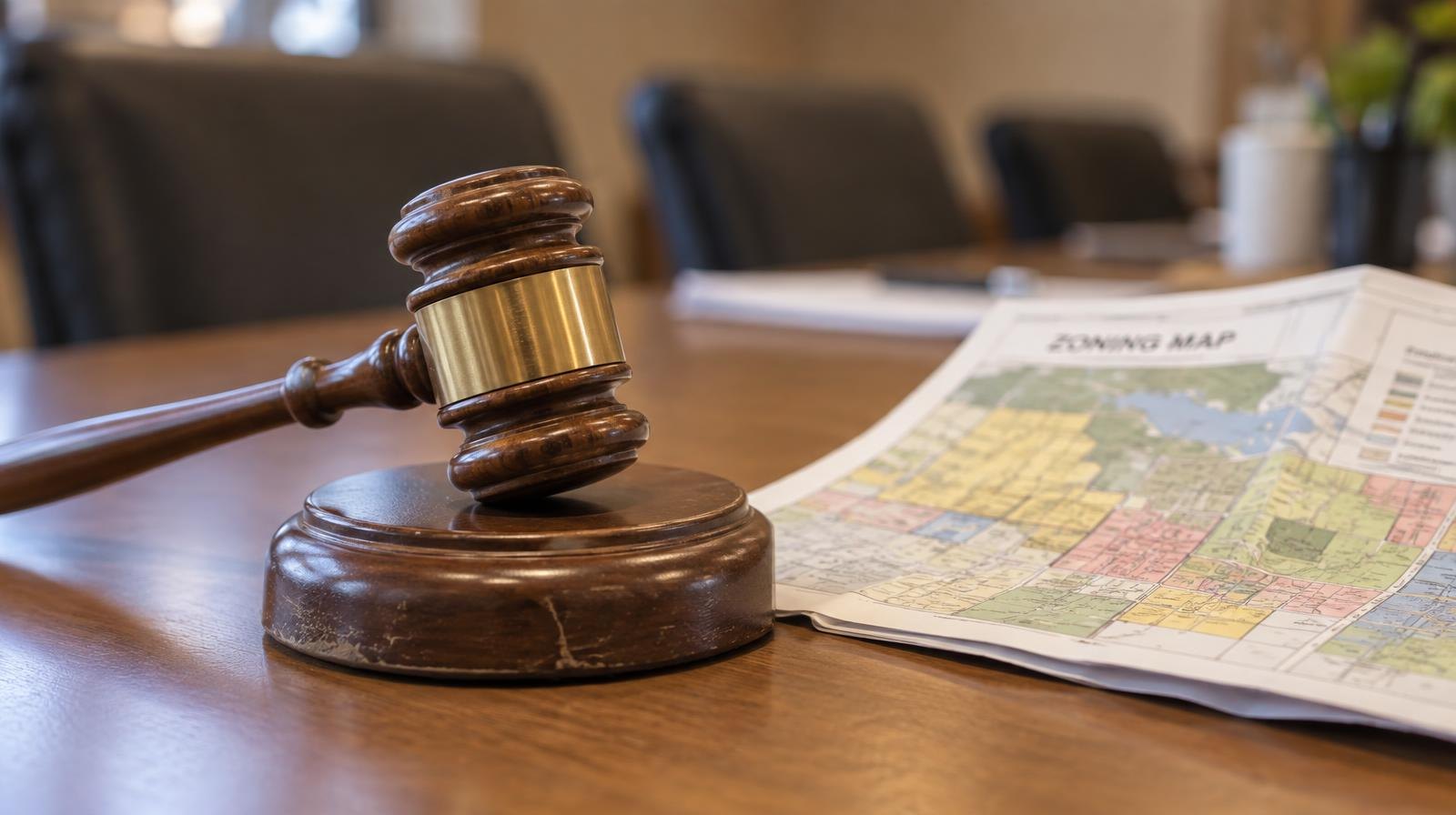 Wooden gavel on sound block beside a folded map on a table.