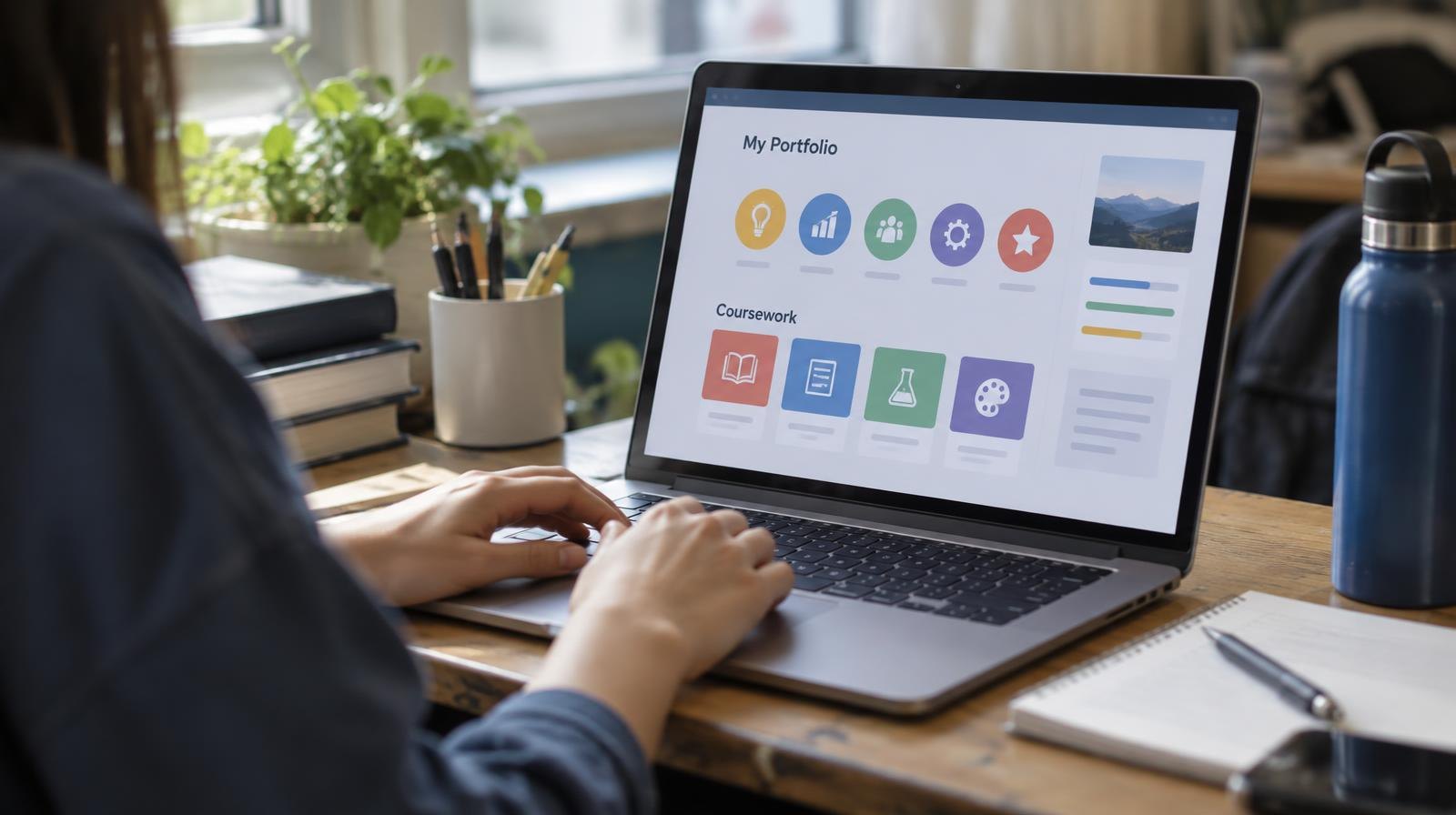 Open laptop on a school desk displaying a colorful digital career portfolio dashboard.