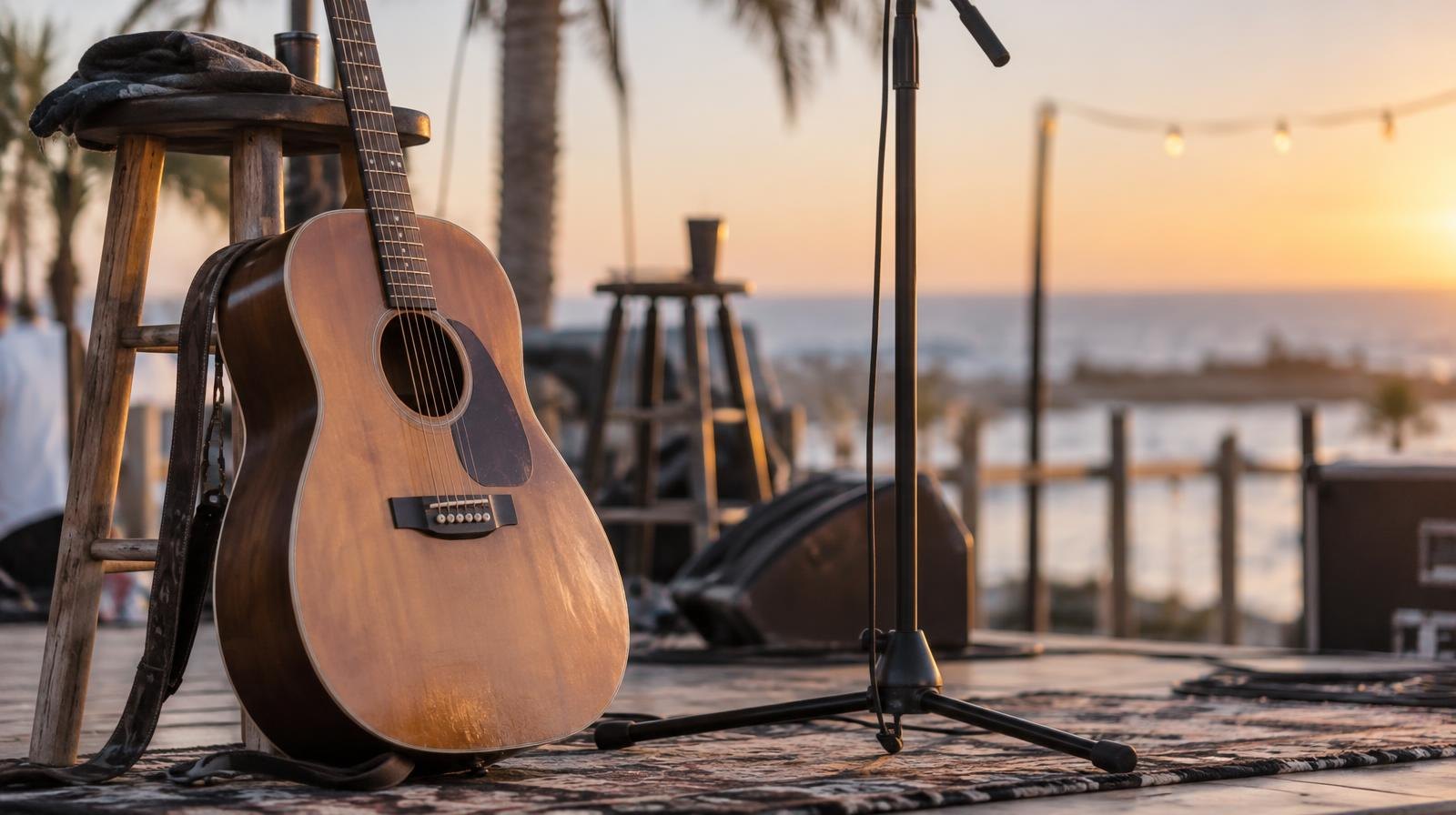 Acoustic guitar leaning against a stool beside a microphone stand on a stage