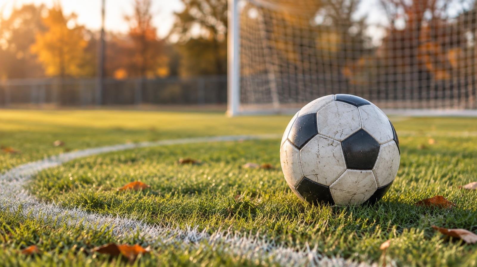 A soccer ball resting on a grass field near a white painted arc, goal net in background.
