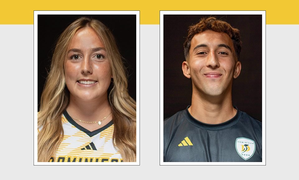 Two smiling college soccer athletes in athletic jerseys posed in side-by-side portraits.