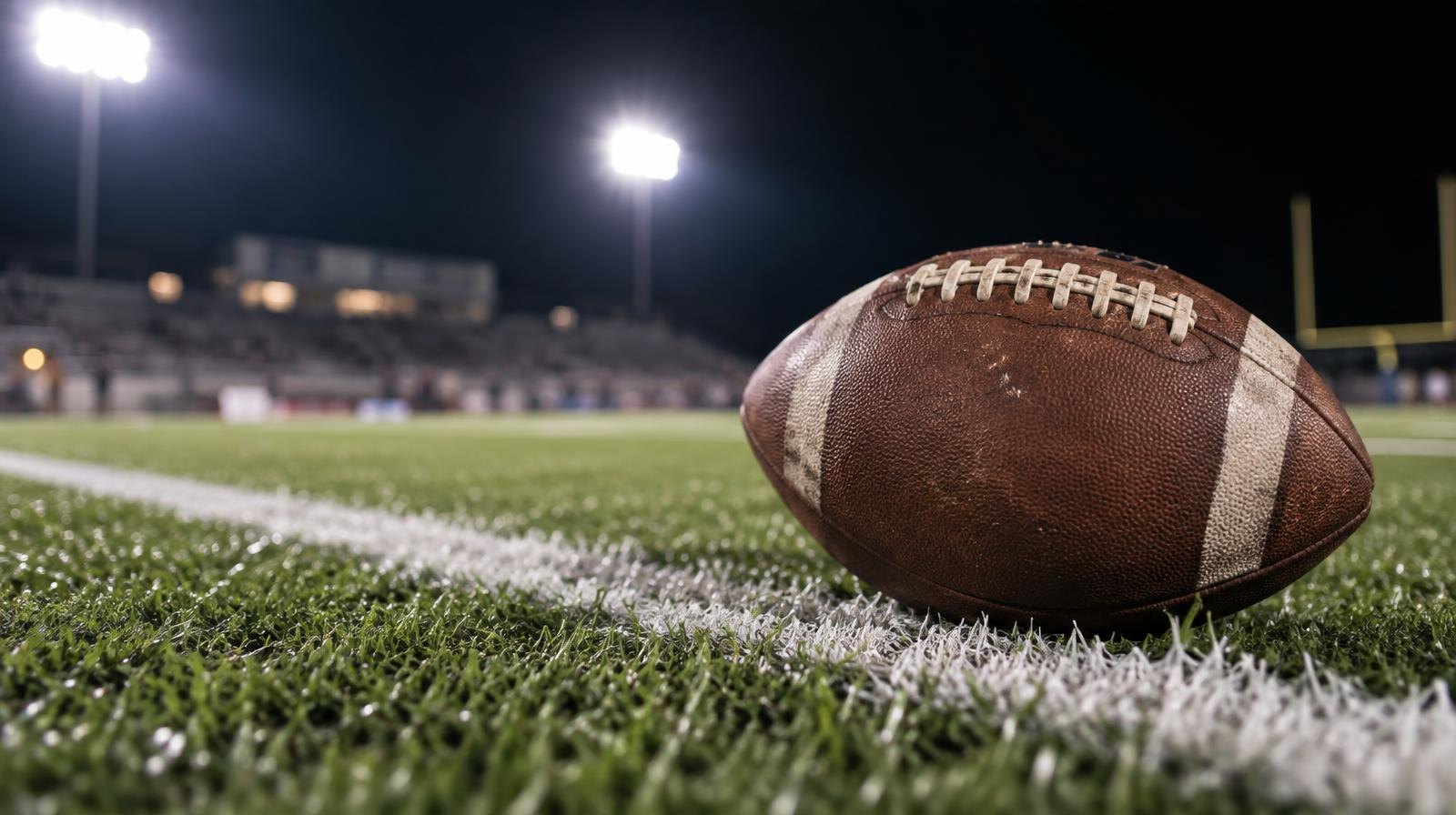 An American football resting on green artificial turf beside a white yard line under stadium lights.