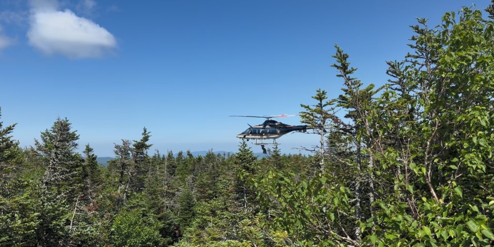 A dark helicopter flies low over a dense forest under a blue sky.