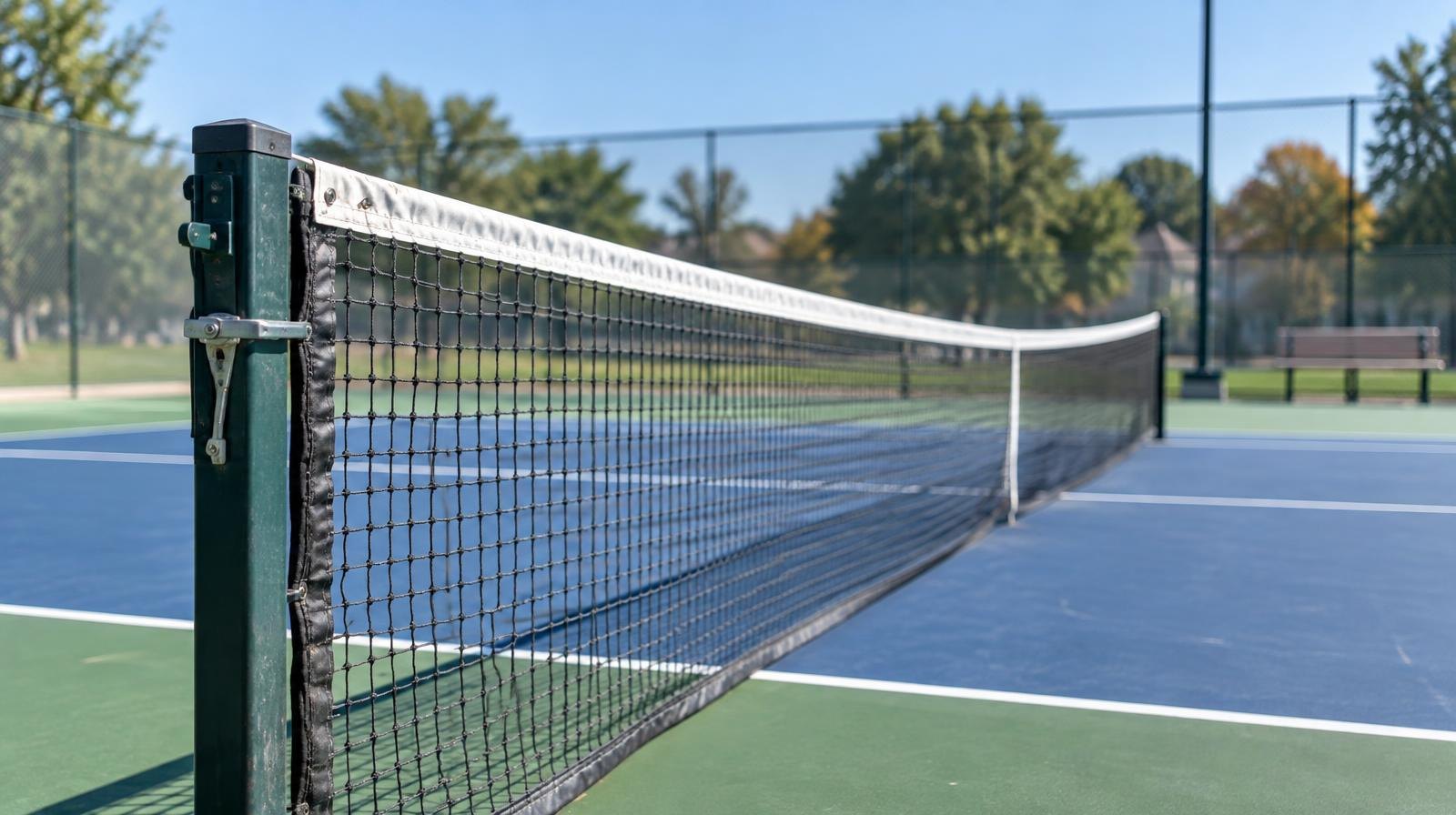 A freshly painted outdoor tennis court with green and blue surface, white lines, and a net.