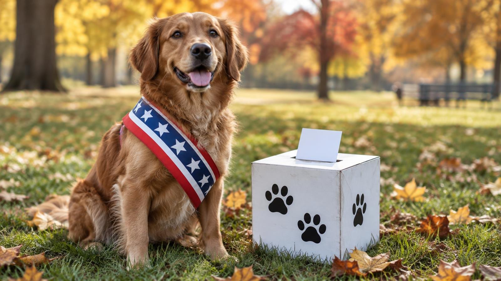 A dog wearing a sash sits next to a decorated ballot box on a grassy lawn.