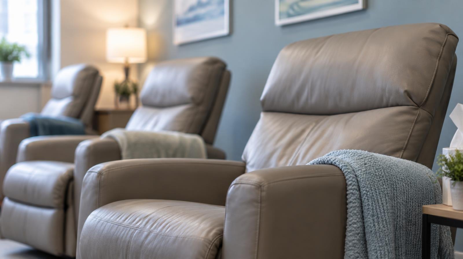 A row of empty reclining chairs in a softly lit, clean clinical recovery room.