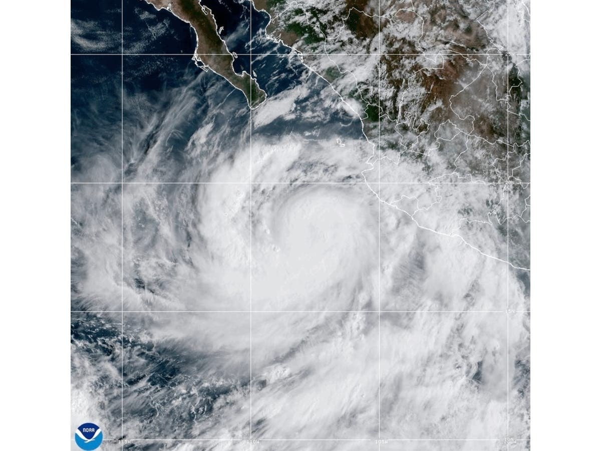 Satellite view of a tropical cyclone over the Pacific Ocean near Baja California.