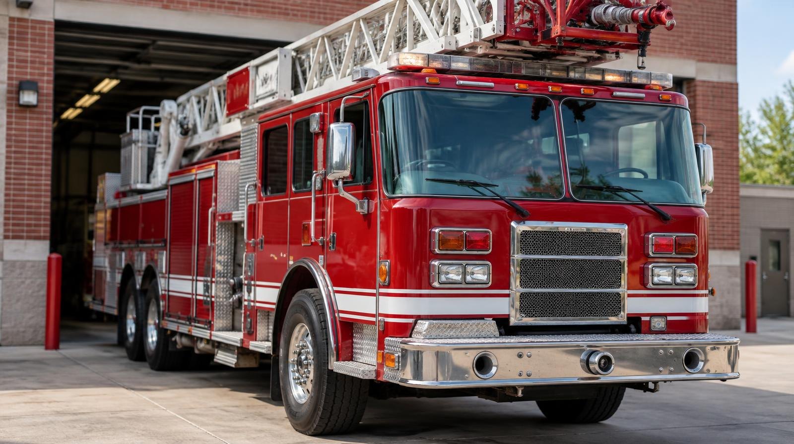 A shiny red aerial ladder fire truck parked in front of a fire station bay door.