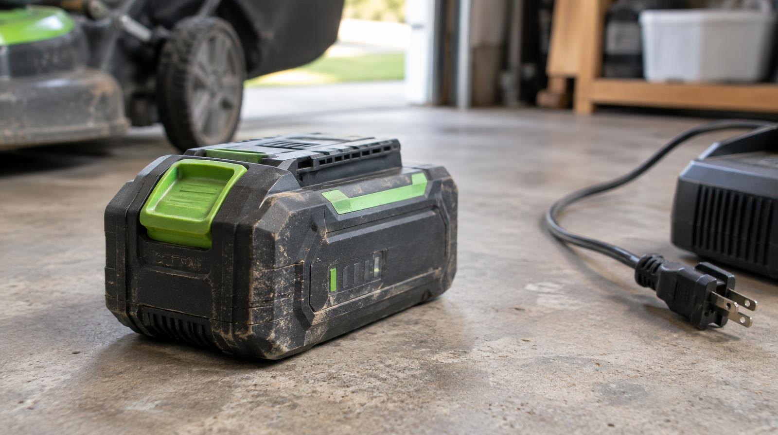 A lithium-ion battery pack resting on a concrete garage floor beside a charger cord.