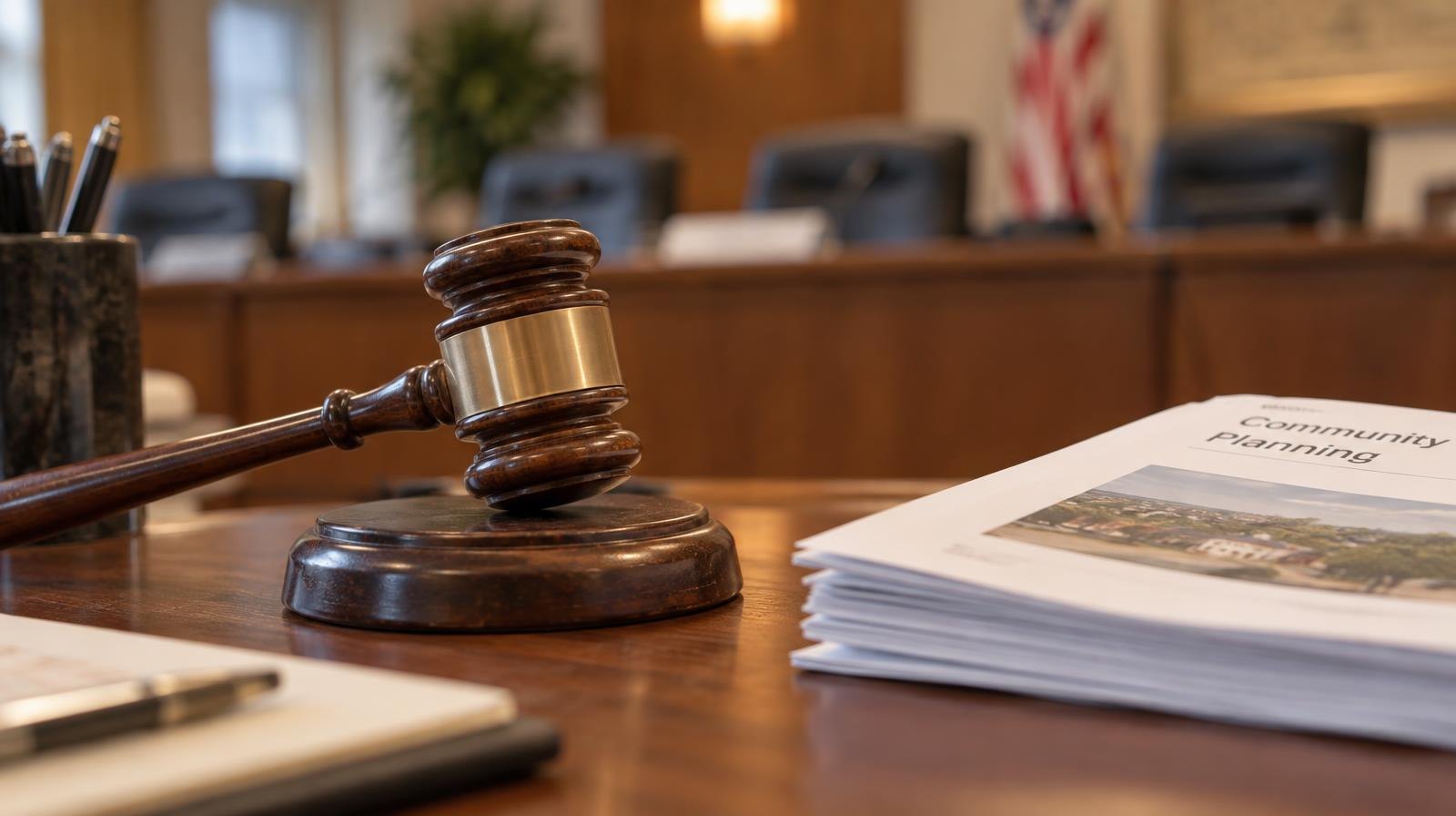 Wooden gavel resting on its sound block on a desk.