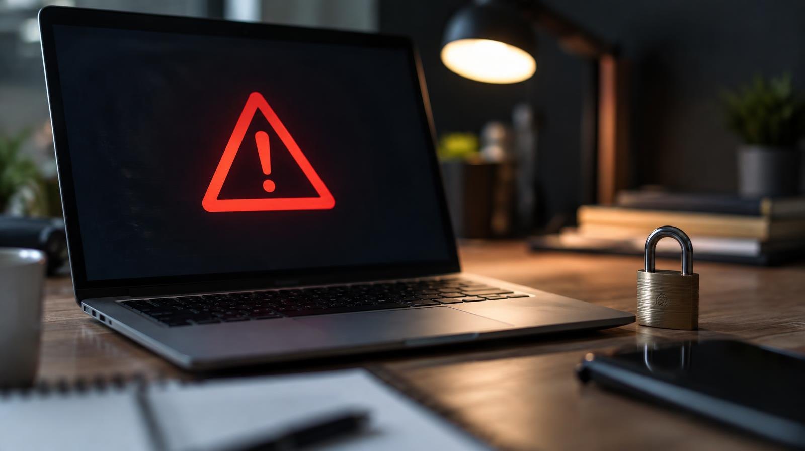 Laptop computer showing a red error message on a dark screen.