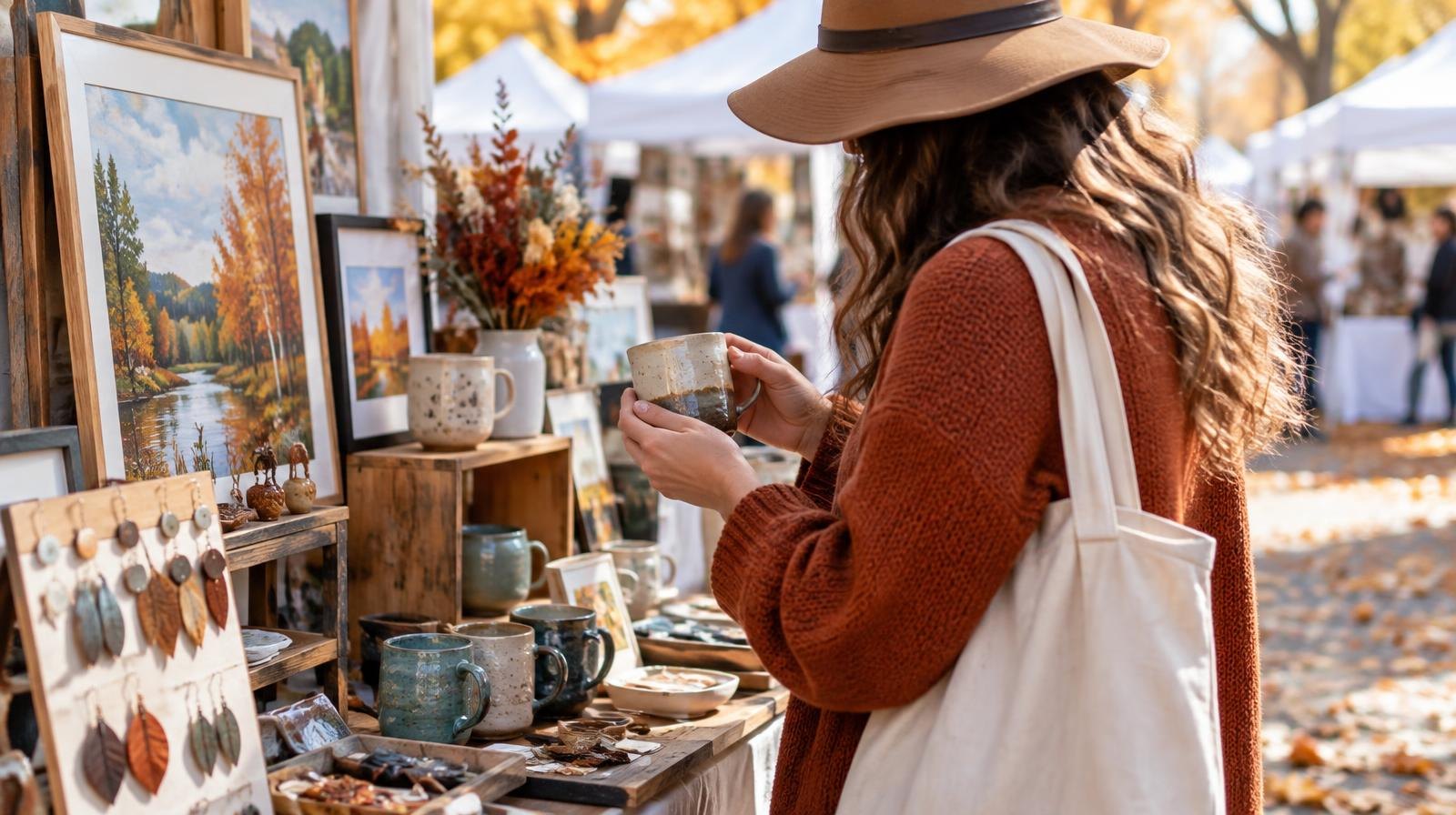 Colorful tented vendor booths displaying artwork and handmade goods outdoors on an autumn day.
