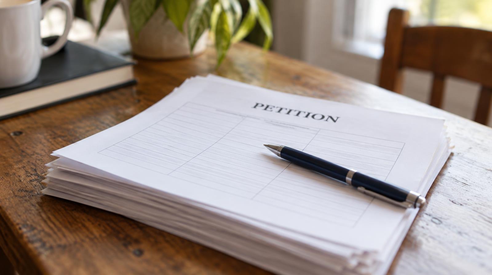 Stack of paper petition sheets with a pen resting on top.