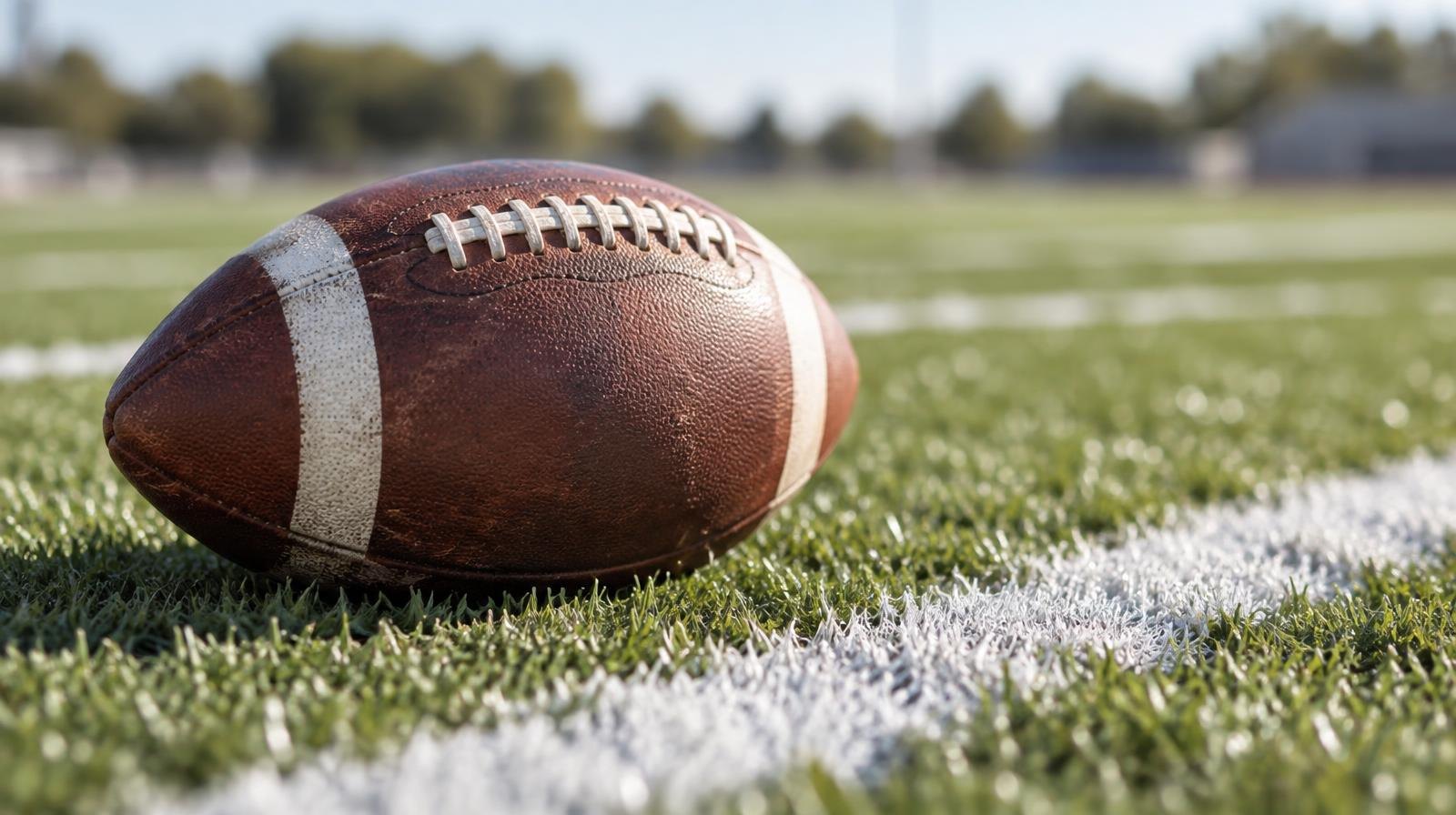 An American football resting on green grass beside a white yard line.