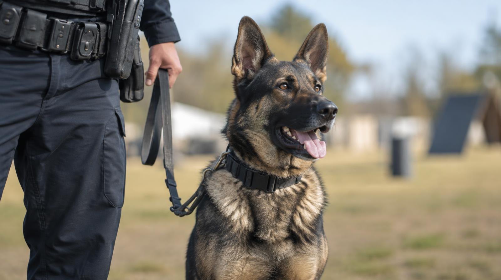 A police K9 dog sits on a grass training field beside a handler's leash and duty belt.