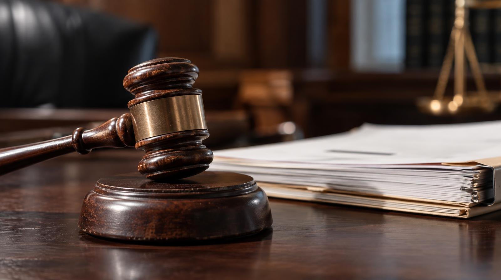 A wooden gavel resting on its sound block on a dark wooden desk.