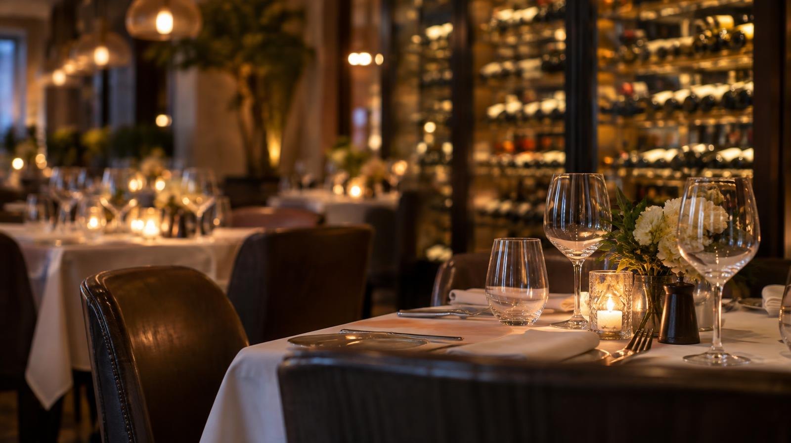Elegant restaurant dining room with white-linen tables and a wine display wall.