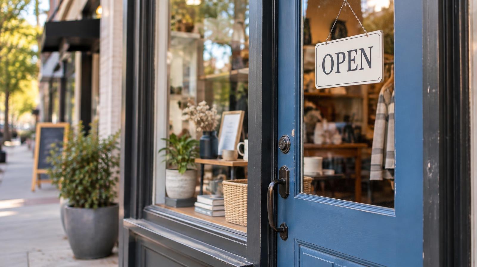 Small retail storefront with open sign and merchandise visible through the window.