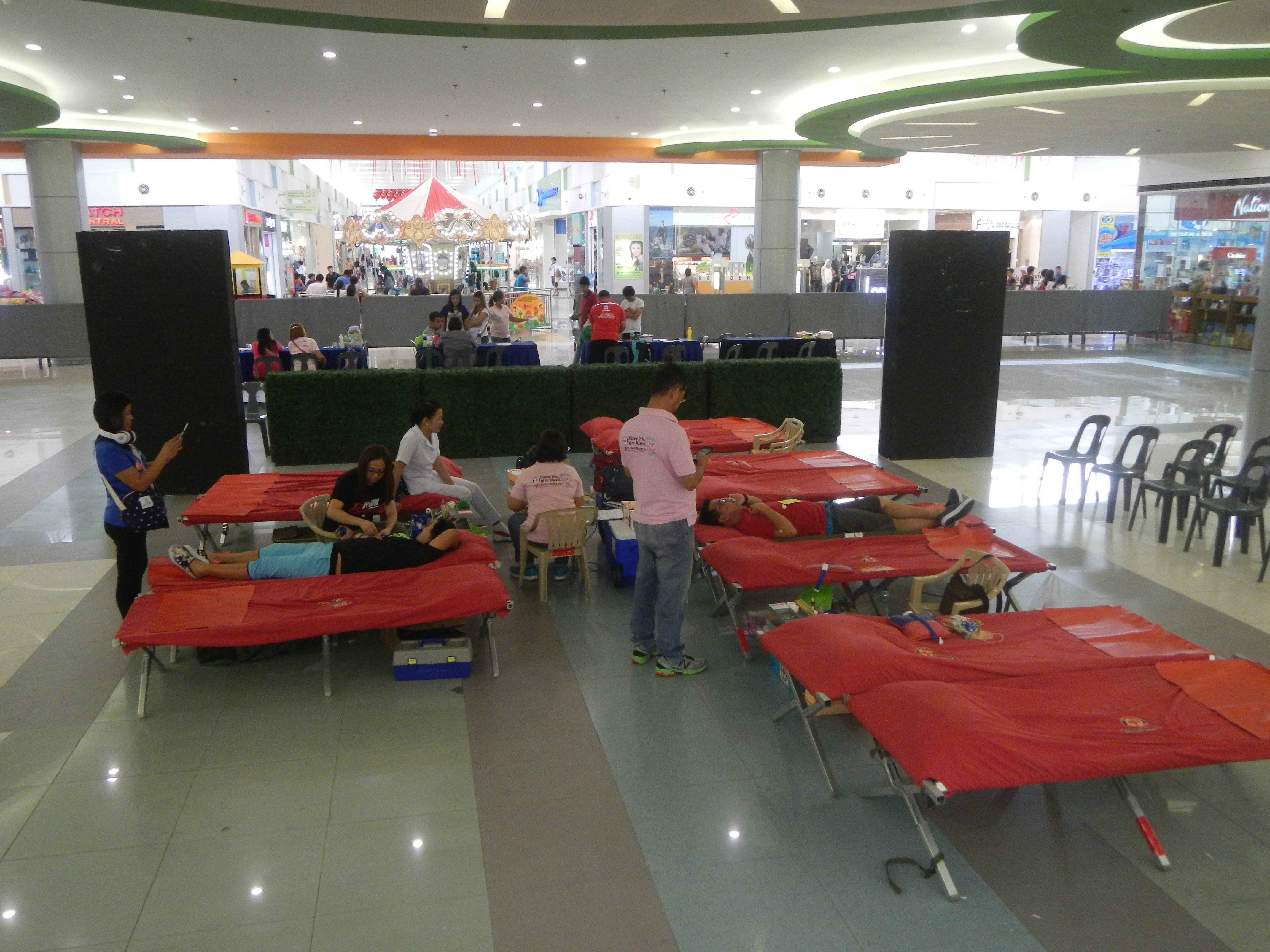 Multiple donors lying on red cots with staff standing nearby at an indoor blood drive.