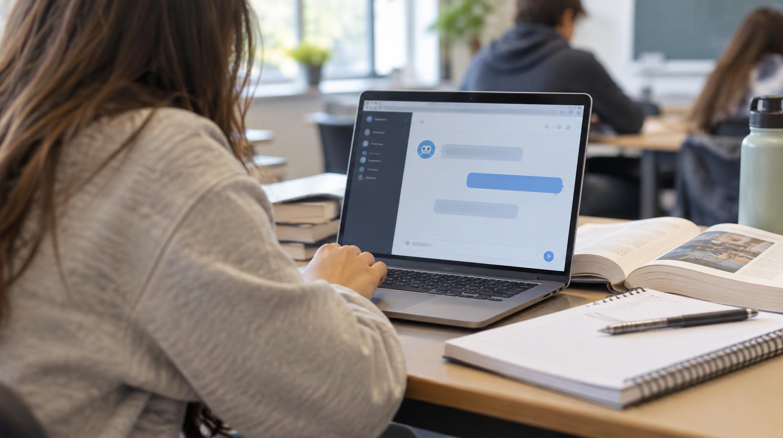 A student at a desk uses a laptop with a chat-style tutoring interface on screen.