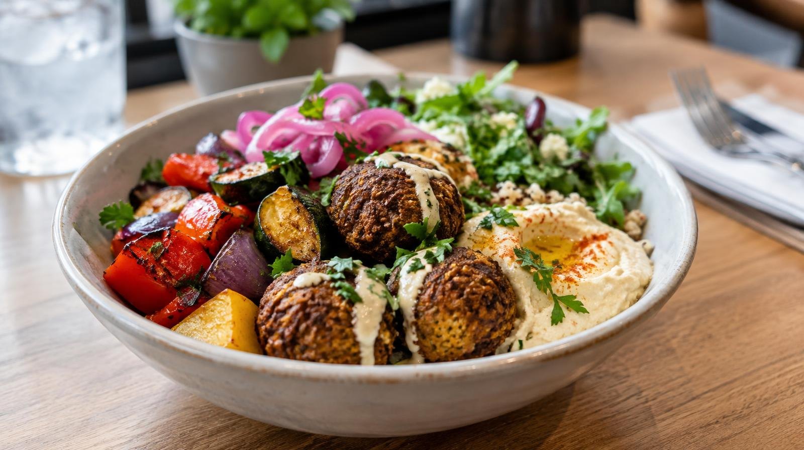 A colorful Mediterranean grain bowl with falafel, hummus, and roasted vegetables.