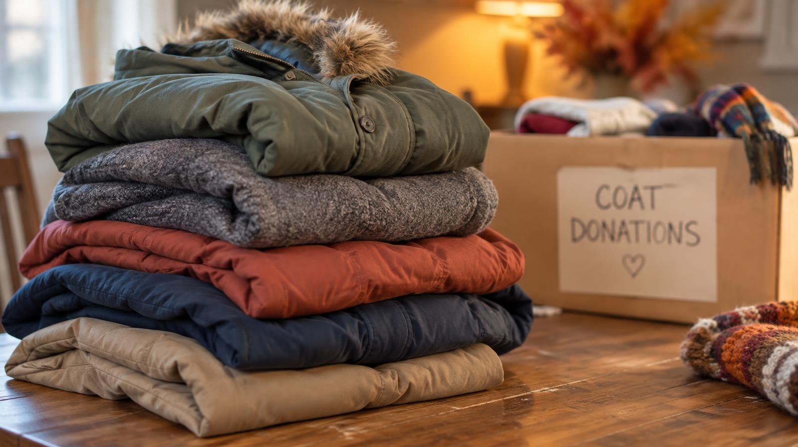 A colorful stack of folded winter coats piled on a wooden table.