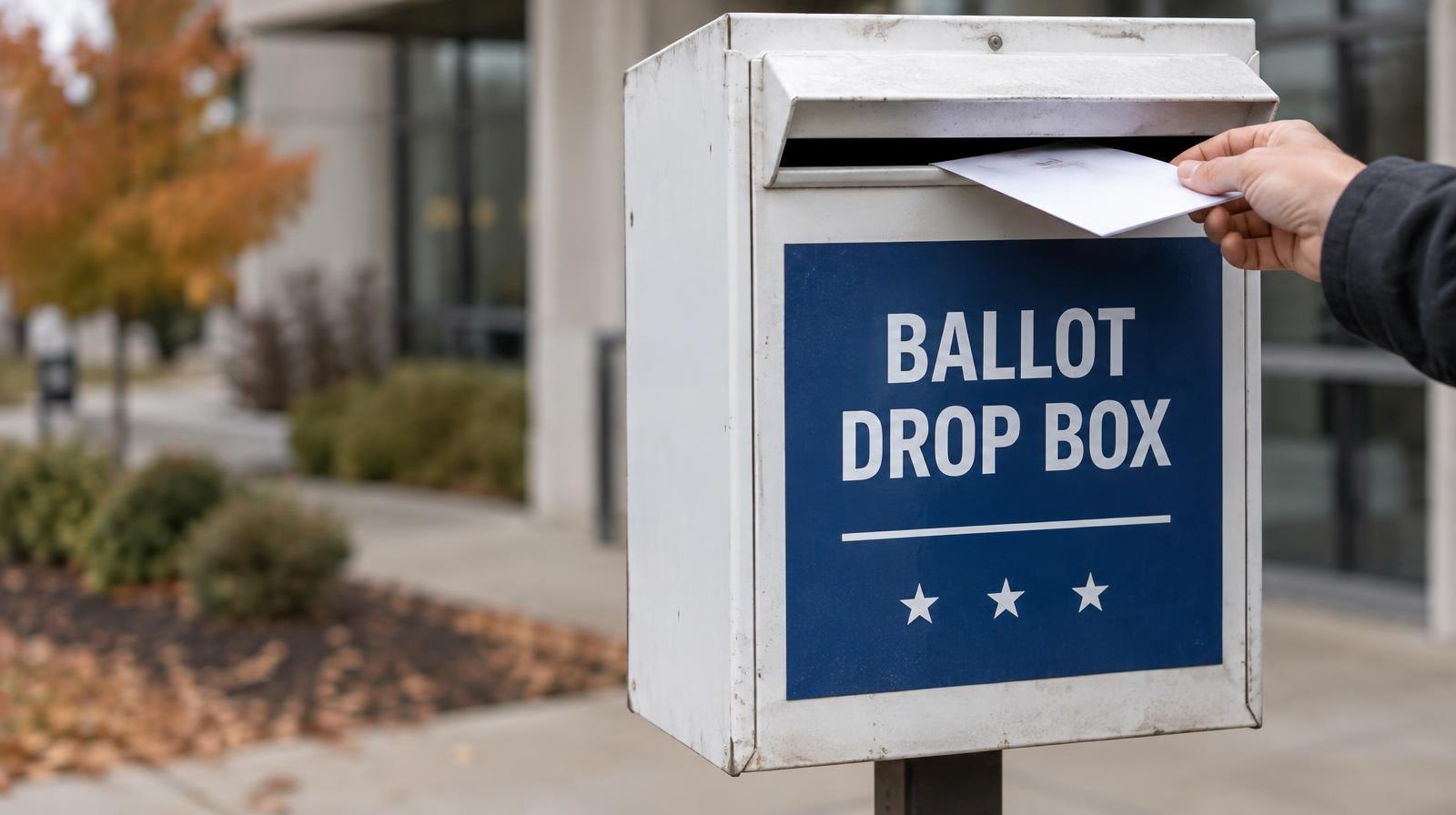 A metal ballot drop box mounted on a post outdoors.