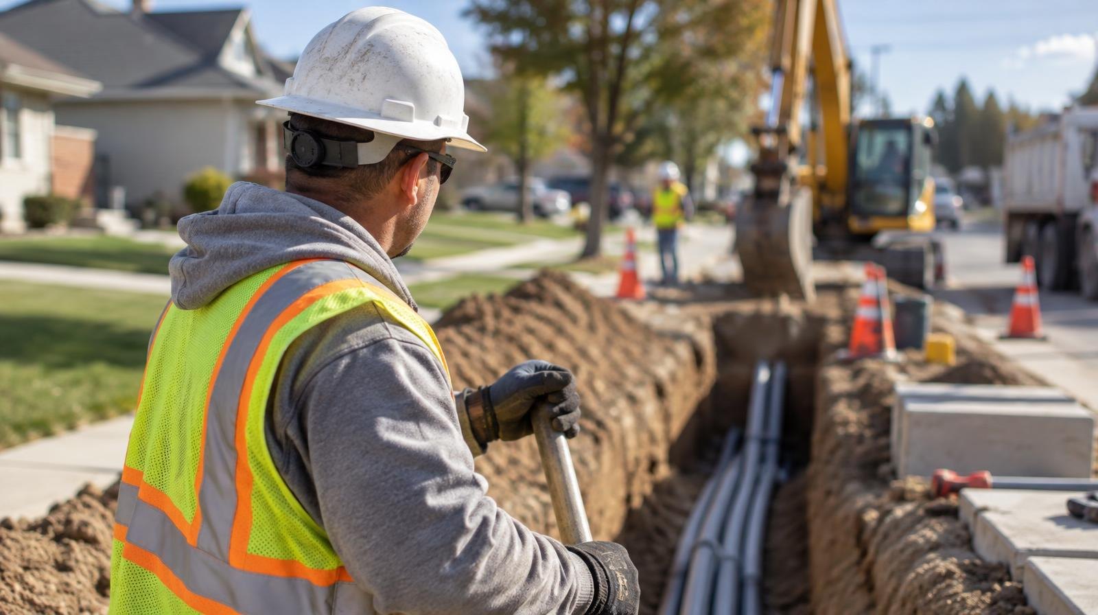 Worker in hard hat and safety vest beside an open trench with conduit.