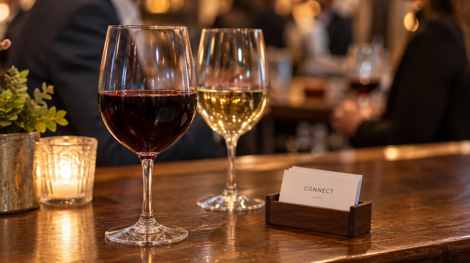 Two wine glasses and a business card holder on a wooden bar top.